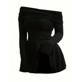 [Plus Size Party Dress] Plus Size Elegant Formal Party Dress | Flared Skirt, Offshoulder Neckline, Black Evening Gown for Women | Machine Washable, Comfortable Fit, Stylish Outfit, Fashion Lovers, Special Occasion, Everyday Outfits