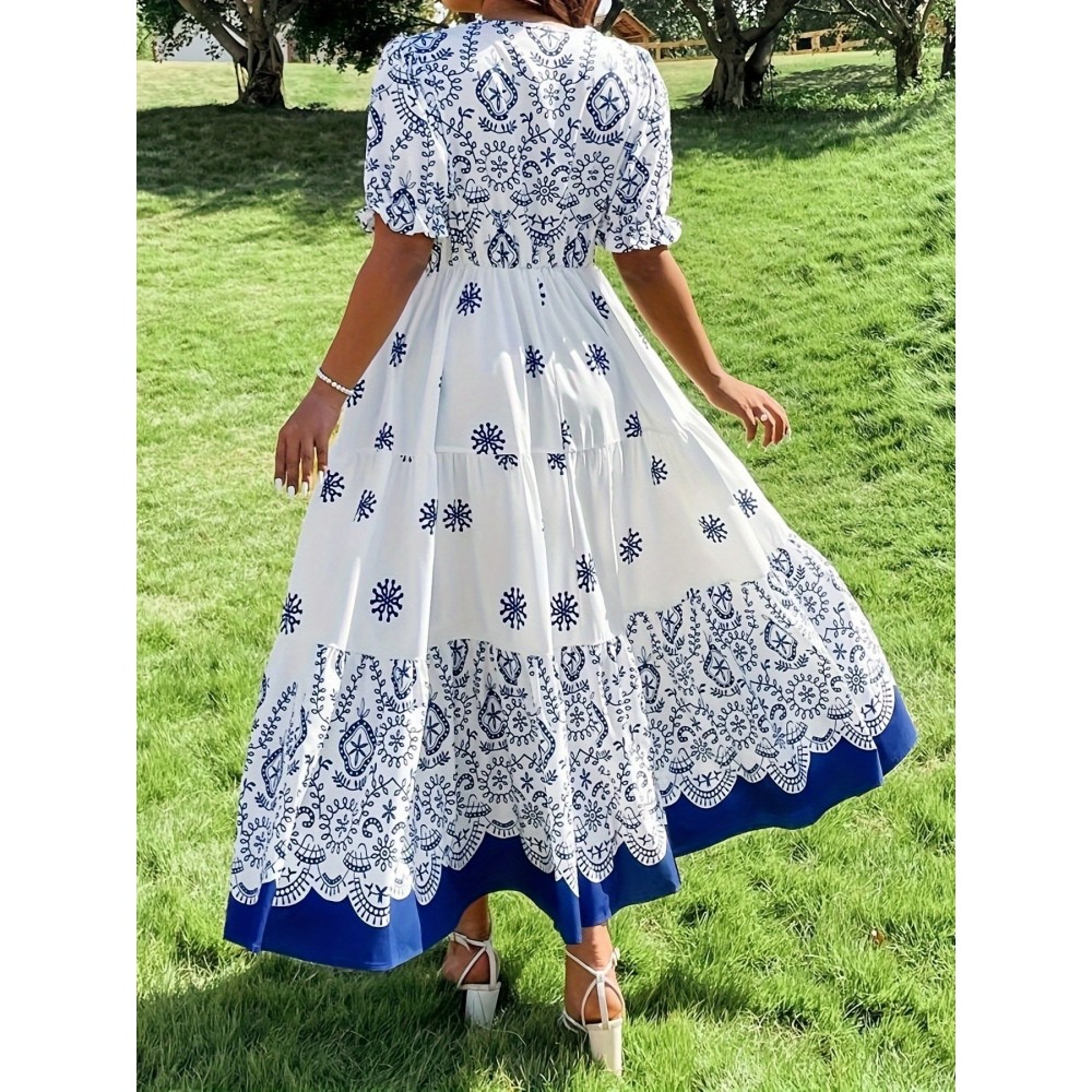 Plus Size, Women's Elegant Maxi Dress - Flared A-Line Formal & Casual Dresses, Easy-Care Hand Washable Everyday & Special Occasion Outfits, Cute Dresses, Special Event Attire, Nontransparent Fabric, Decorative Floral Print