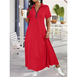 Elegant Plus Size French-Inspired Summer Dress • Waist-Cinching • Short Sleeves • Zipper Detail • Solid Color • Pockets • Flowy Skirt