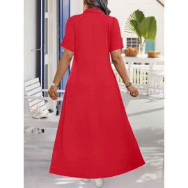 Elegant Plus Size French-Inspired Summer Dress • Waist-Cinching • Short Sleeves • Zipper Detail • Solid Color • Pockets • Flowy Skirt