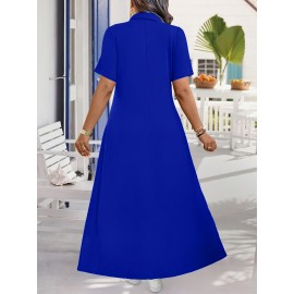 Elegant Plus Size French-Inspired Summer Dress • Waist-Cinching • Short Sleeves • Zipper Detail • Solid Color • Pockets • Flowy Skirt
