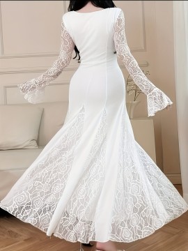 [Elegant Plus Size Dress] Elegant Plus Size Lace-Trimmed Long Sleeve Dress | White Bodycon with Floral Pattern, High Neck, Flowing Skirt, Stretchy Fabric - Perfect for Weddings & Formal Events