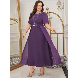 Plus Size - 2025 New Plus-Size Women'S Summer Dress with a Waist-Cinching Design That Flatters The Figure, Elegantly Concealing The Belly, Featuring a Stylish Faux Two-Piece A-Line Silhouette.