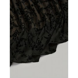 Plus Size - Elegant Plus Size Women'S Faux Fur Mesh Bell Sleeve Dress - Square Neck, Long Sleeve, Black with Golden Accents, All-Season Midi Dress for Formal Occasions, Formal Dresses Elegant, Fitted Silhouette