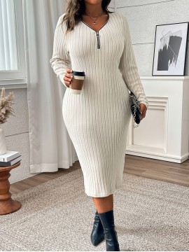 Plus Size, Plus Size Women's Solid Color Long Sleeve Midi Dress