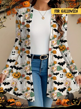 Plus Size, Women's Plus Size Halloween Pumpkin Bat Flower Print Long Sleeve Jacket Cardigan Coat