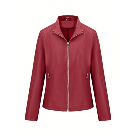 [Brown Biker Jacket] Brown Faux Leather Plus Size Women's Casual Biker Jacket | Short Motorcycle Jacket with Zipper Closure, Turn-Collar & Long Sleeves for Spring/Fall, Versatile Outerwear, Sleek Design, Durable Fabric