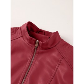 [Brown Biker Jacket] Brown Faux Leather Plus Size Women's Casual Biker Jacket | Short Motorcycle Jacket with Zipper Closure, Turn-Collar & Long Sleeves for Spring/Fall, Versatile Outerwear, Sleek Design, Durable Fabric