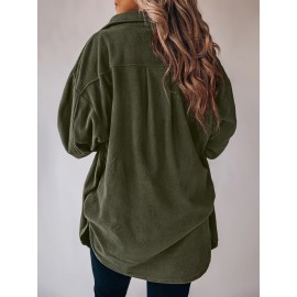 Plus Size - Plus Size - Women'S Plus Size Olive Green Bomber Jacket - Casual Long Sleeve with Pockets, Lapel Collar, Drop Shoulder Design, Perfect for Spring/Fall Commute and Daily Outings, Casual Outerwear | Relaxed Fit Jacket | Functional Pockets