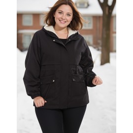 Plus Size - Plus Size Women'S Winter Parka with Drawstring Waist & Hood - Warm Polar Fleece Lined Coat, Casual Black Bomber Jacket for Cold Weather, Winter Parka, Snowy Day Attire, Flared Hem Coat, Nonstretch Fabric