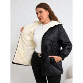 Plus Size, Plus Size Women's Elegant Winter Hooded Coat - Thickened Warm Long Sleeve Black Jacket with White Lining, Machine Washable Regular Fit for Casual & Formal Outfits