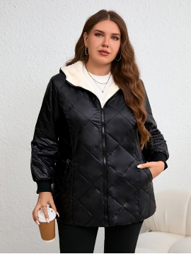 Plus Size, Plus Size Women's Elegant Winter Hooded Coat - Thickened Warm Long Sleeve Black Jacket with White Lining, Machine Washable Regular Fit for Casual & Formal Outfits
