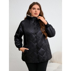 Plus Size, Plus Size Women's Elegant Winter Hooded Coat - Thickened Warm Long Sleeve Black Jacket with White Lining, Machine Washable Regular Fit for Casual & Formal Outfits