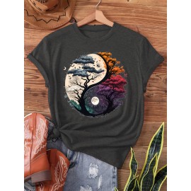 [Season Versatile] Women's Yin Yang Tree of Life Graphic T-Shirt - Short Sleeve Crew Neck, Dark Gray with Colorful Night Sky Design, Casual Summer & Spring Top, Casual Wear Top|Tree Of Life Design|Smooth Texture Shirt