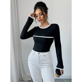 Women'S Elegant Casual Long Sleeve T-Shirt - Slim Fit, Round Neck, Solid Black with White Striped Detail, Stretchy Polyester Blend, Machine Washable, All-Season Comfort
