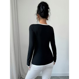 Women'S Elegant Casual Long Sleeve T-Shirt - Slim Fit, Round Neck, Solid Black with White Striped Detail, Stretchy Polyester Blend, Machine Washable, All-Season Comfort
