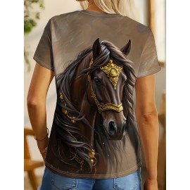 Women's Casual Elegant Horse Graphic T-Shirt - Short Sleeve Round Neck Summer Top with Majestic Black Horse & Golden Bridle Design, Machine Washable Regular Fit, Horse Shirt, Comfortable Pullover, Regal Aesthetic Apparel, Detailed Digital Print