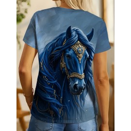 Women's Casual Elegant Horse Graphic T-Shirt - Short Sleeve Round Neck Summer Top with Majestic Black Horse & Golden Bridle Design, Machine Washable Regular Fit, Horse Shirt, Comfortable Pullover, Regal Aesthetic Apparel, Detailed Digital Print