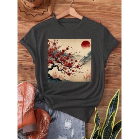 Women's Vintage Japanese Woodblock Print T-Shirt - Cherry Blossom & Red Sun Design, Semi-Sheer Short Sleeve Crew Neck Casual Top, Machine Washable for Spring & Summer, Breathable Fabric