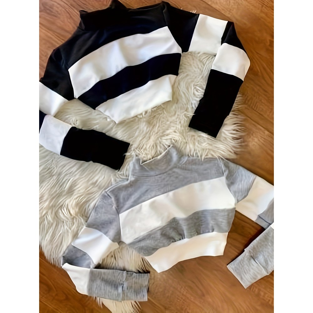 2pcs Set Color Block Spliced Short Sleeve Long T-Shirt Women's Crop Top High Neck Casual Chic New Style