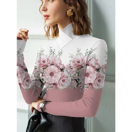 Women's Elegant Slim-Fit Long Sleeve Turtleneck Top with Floral Print - Soft Pink & White H-Line Silhouette Blouse, All-Season Machine Washable Shirt for Casual & Formal Wear