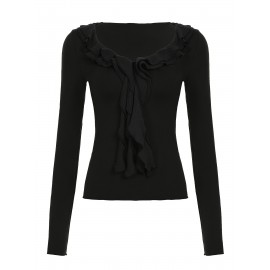 Women'S Vintage-Inspired Ruffle Trim Long Sleeve T-Shirt - Slim Fit, Black, Casual Style with Tie Waist Detail, All-Season Wear, Casual Wear Tee | Ruffle Detail Top | Glossy Texture