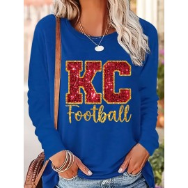 KC Football Long Sleeve Crew Neck T-Shirt - Casual, Alphabet Pattern, Regular Fit, Polyester Knit Fabric, All Seasons, No Belt, Long Sleeve, Regular Sleeve, No Chest Pad, Pullovers, Fabric Weight 180 g/m²