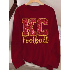 KC Football Long Sleeve Crew Neck T-Shirt - Casual, Alphabet Pattern, Regular Fit, Polyester Knit Fabric, All Seasons, No Belt, Long Sleeve, Regular Sleeve, No Chest Pad, Pullovers, Fabric Weight 180 g/m²