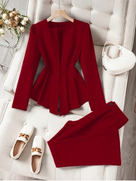 2pcs Set: Elegant Solid Color Ruffle Hem Blazer and Flared Pants, Casual Business Outfit