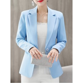 [Elegant Blazer] Polyester Elegant Light Blue Blazer | Women's Single-Breasted Long Sleeves Jacket - Regular Fit, Button-Up Design, Office Attire for Spring/Summer/Fall