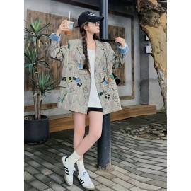 Women's Geometric Print Casual Coat - Loose Fit Mid-Length Jacket with Buttons, 100% Polyester, All-Season Versatile Outerwear