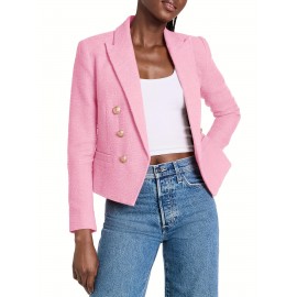 Double Breasted Cropped Blazer, Stylish Lapel Neck Open Front Long Sleeve Business Suit For Spring & Fall, Women's Clothing