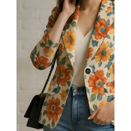 [Floral Print Blazer for Women] Elegant Floral Print Blazer for Women - Vibrant Orange, Yellow & Blue Flowers, Single-Breasted Notch Lapel Jacket, Long Sleeve Regular Fit, All-Season Versatile Office & Casual Wear, Chic Workwear, Sophisticated Tailoring