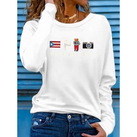 [Stretchy Puerto Rico T-Shirt] Stretchy Polyester Women's Puerto Rico Flag Cartoon Frog Graphic Long Sleeve T-Shirt | Casual Round Neck Top for Spring & Summer Vacation, Machine Washable, Playful Design