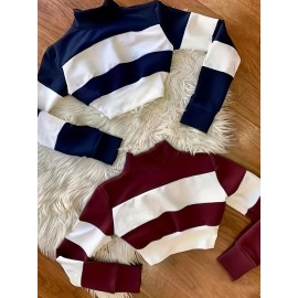 2pcs Set Color Block Spliced Short Sleeve Long T-Shirt Women's Crop Top High Neck Casual Chic New Style