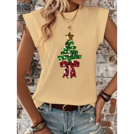 Holiday Cheer| Festive Yellow Christmas Tree Print T-Shirt for Women - Soft Stretch Fabric, Round Neck, Sleeveless Design with Glittery Star & Bow Detail, Machine Washable, Perfect for All Seasons, Christmas Garland