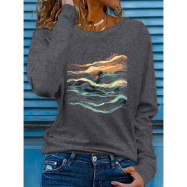 Women's West Coast Surf Gradient Tie-Dye Long Sleeve T-Shirt, Bright Yellow Crew Neck with Artistic Ocean Wave Print, Stretchy Polyester Blend, Casual Spring/Summer Sportswear, Machine Washable, Beach Wear