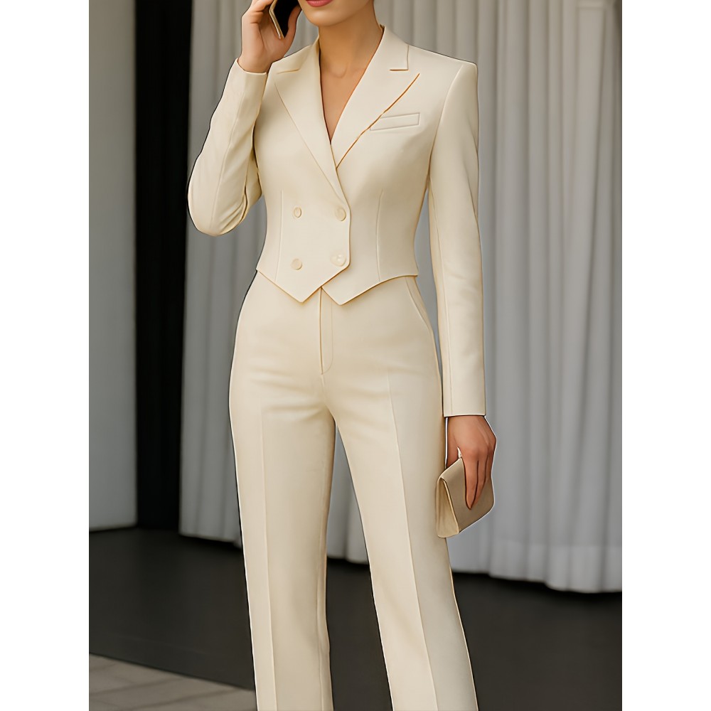 [Formal Professional Suit] New Fashionable Commuter Suit Minimalist High-End Fashionable Blazer + Trousers Formal Occasion Professional Suit, Solid Color, Long Sleeve, Regular Fit, Double Breasted, Button, Lapel Collar, H Fit, All Season, Adult